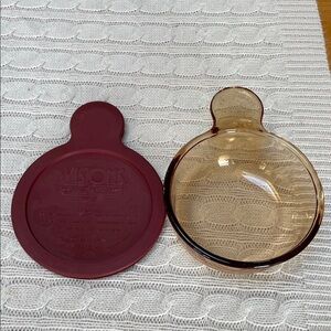 Vtg Corning Visions Heat ‘n’ Serve amber “grab it” bowl/dish/storage Maroon Lid